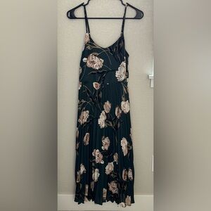 Olive Green Floral Midi Dress with Pleats